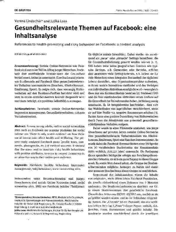 Vorschauseite 1: Gesundheitsrelevante Themen auf Facebook: eine Inhaltsanalyse