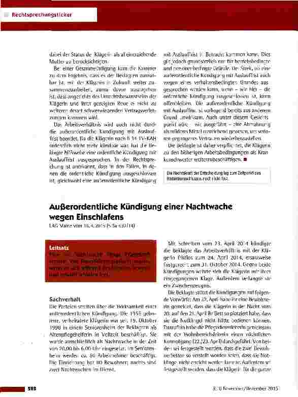 Vorschauseite 1: Außerordentliche Kündigung einer Nachtwache wegen Einschlafens