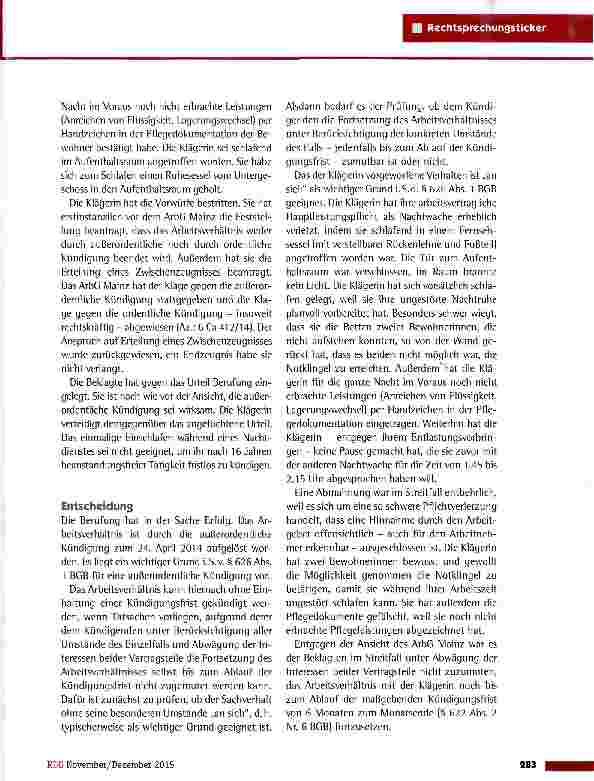 Vorschauseite 2: Außerordentliche Kündigung einer Nachtwache wegen Einschlafens