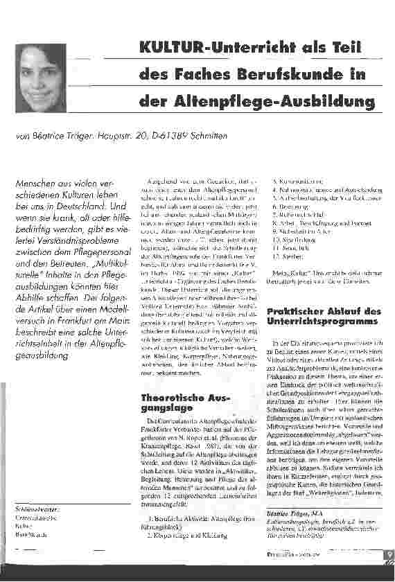 Vorschauseite 1: KULTUR-Unterricht als Teil des Faches Berufskunde in der Altenpflege-Ausbildung
