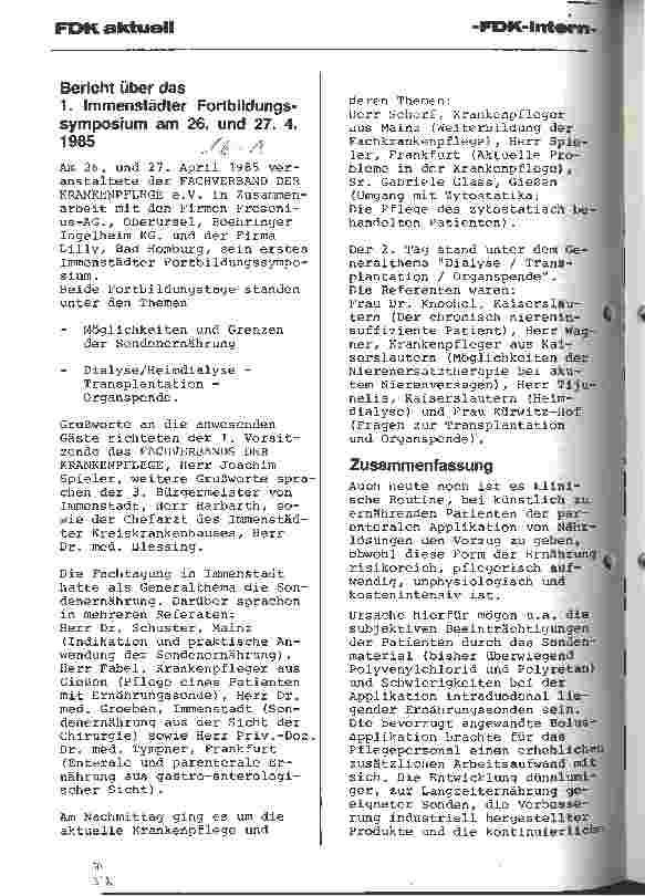 Vorschauseite 1: Bericht über das 1. Immenstadter Fortbildungssymposium am 26. und 27.04.1985