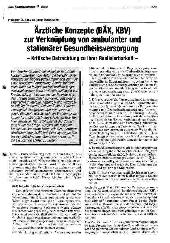 Vorschauseite 1: Ärztliche Konzepte (BÄK, KBK) zur Verknüpfung von ambulanter und stationärer Gesundheitsversorgung - Kritische Betrachtung zu ihrer Realisierbarkeit -