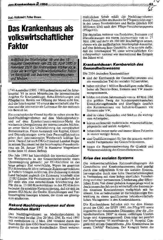 Vorschauseite 1: Das Krankenhaus als volkswirtschaftlicher Faktor
