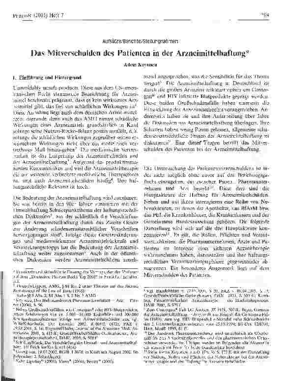 Vorschauseite 1: Das Mitverschulden des Patienten in der Arzneimittelhaftung*