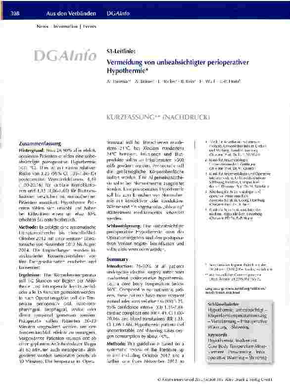 Vorschauseite 1: S3-Leitlinie: Vermeidung von unbeabsichtigter perioperativer Hypothermie