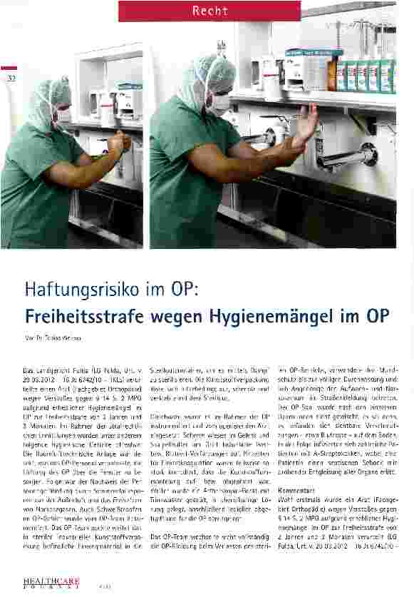 Vorschauseite 1: Haftungsrisiko im OP: Freiheitsstrafe wegen Hygienemängel im OP