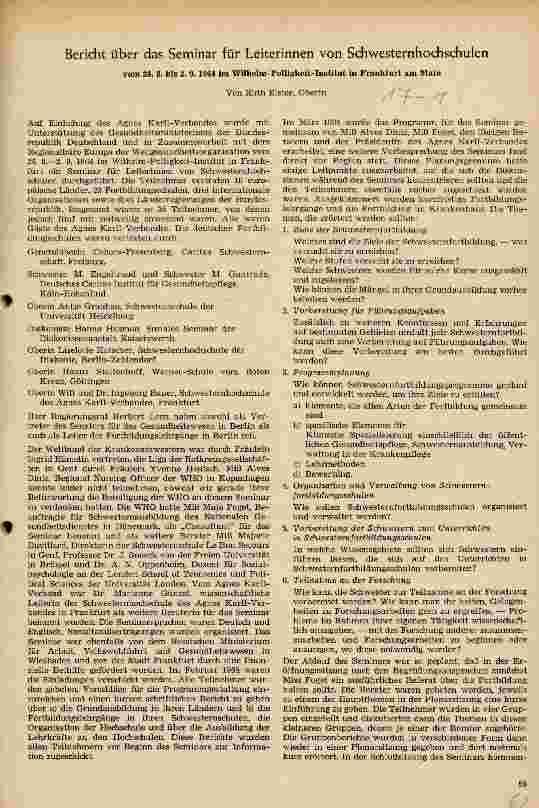 Vorschauseite 1: Bericht über das Seminar für Leiterinnen von Schwesternhochschulen (24.8.-2.9. 64)