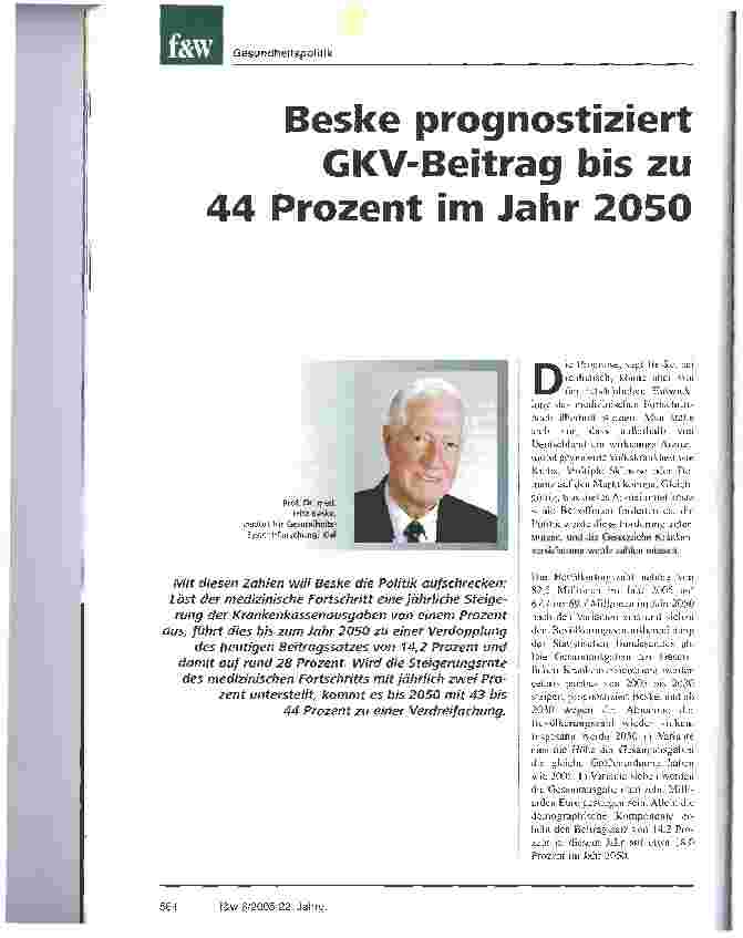 Vorschauseite 1: Beske prognostiziert GKV-Beitrag bis zu 44 Prozent im Jahr 2050