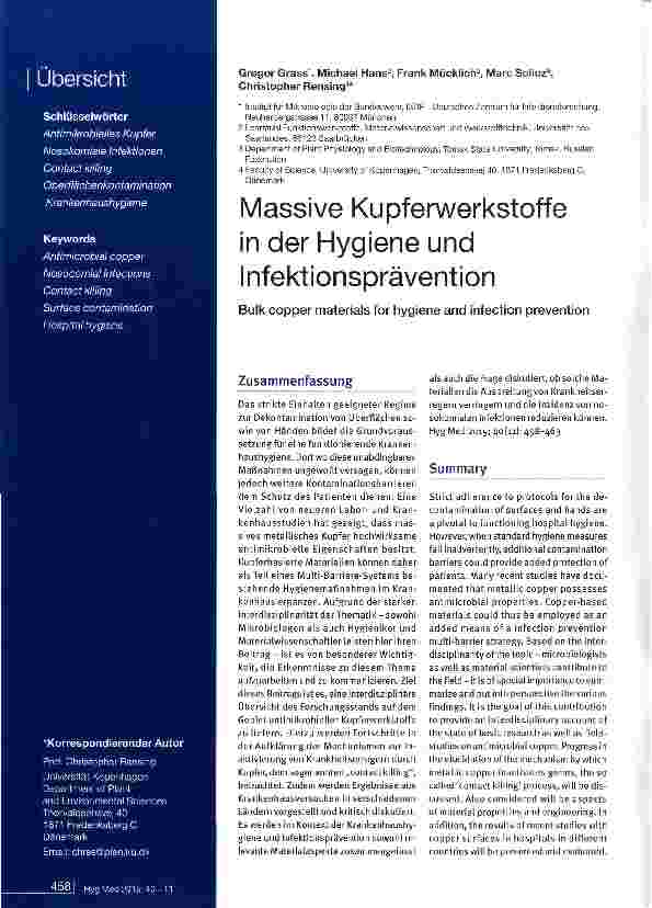 Vorschauseite 1: Massive Kupferwerkstoffe in der Hygiene und Infektionsprävention