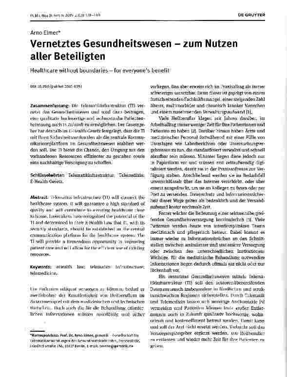 Vorschauseite 1: Vernetztes Gesundheitswesen - zum Nutzen aller Beteiligten