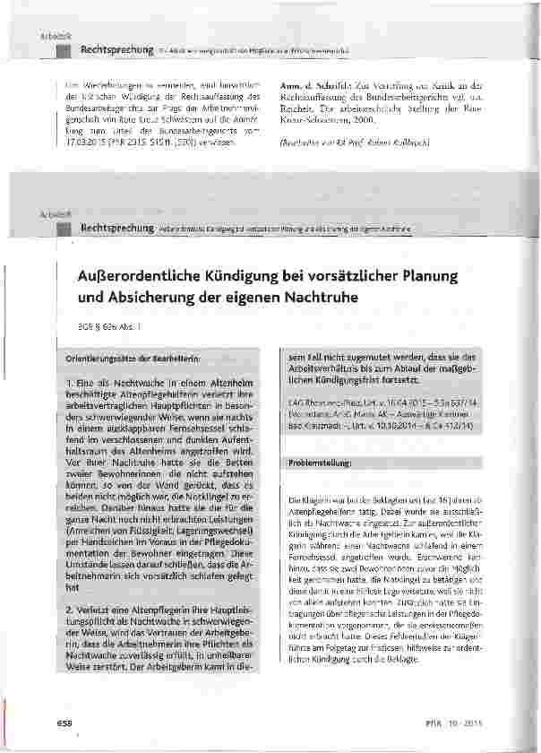 Vorschauseite 1: Außerordentliche Kündigung bei vorsätzlicher Planung und Absicherung der eigenen Nachtruhe BGB §626 Abs. 1