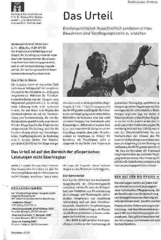 Vorschauseite 1: Das Urteil Rechtsforum ¦ Heimrec Bundesgerichtshof: Ausschließlich sondenernährten Bewohnern sind Verpflegungskosten zu erstatten