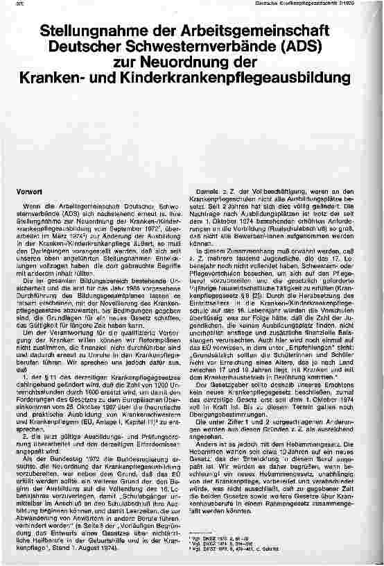 Vorschauseite 1: Deutsche Schwesternverbände zur Neuordnung der Krankenu. Kinderkrankenpflegeausbildung; Stellungsnahme