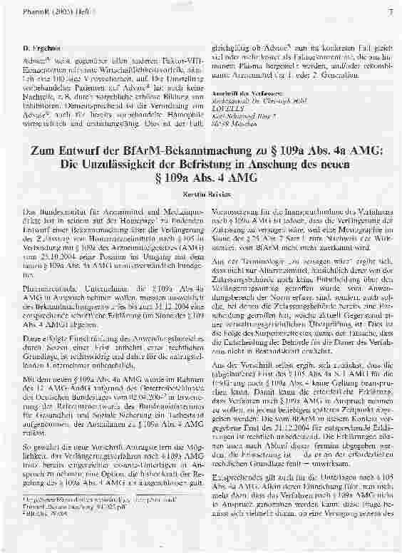 Vorschauseite 1: Zum Entwurf der BfArM-Bekanntmachung zu § 109a Abs. 4a AMG: Die Unzulässigkeit der Befristung in Ansehung des neuen§ 109a Abs. 4 AMG