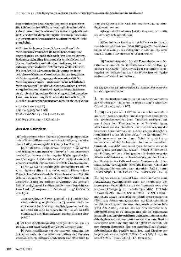 Vorschauseite 2: Kündigung wegen Äußerungen über einen Repräsentanten des Arbeitgebers im Wahlkampf
