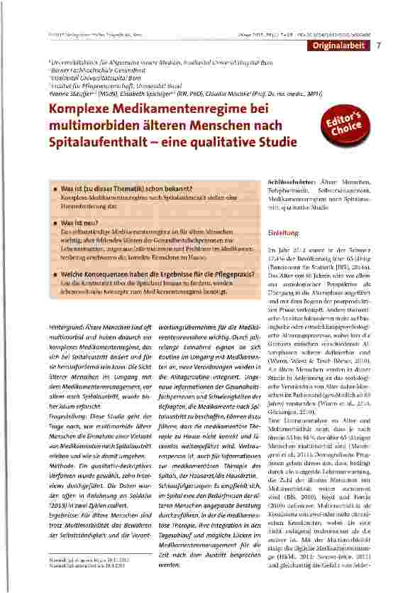 Vorschauseite 1: Komplexe Medikamentenregime bei multimorbiden älteren Menschen nach Spitalaufenthalt - eine qualitative Studie