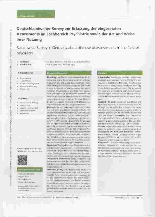 Vorschauseite 1: Deutschlandweiter Survey zur Erfassung der eingesetzten Assessments im Fachbereich Psychiatrie sowie der Art und Weise ihrer Nutzung