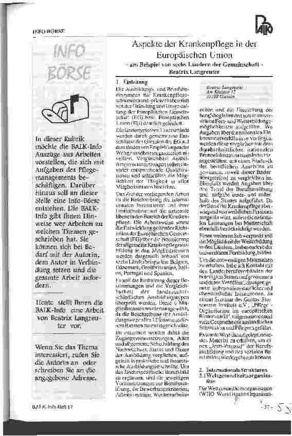 Vorschauseite 1: Aspekte der Krankenpflege in der Europäischen Union am Beispiel von sechs Ländern der Gemeinschaft