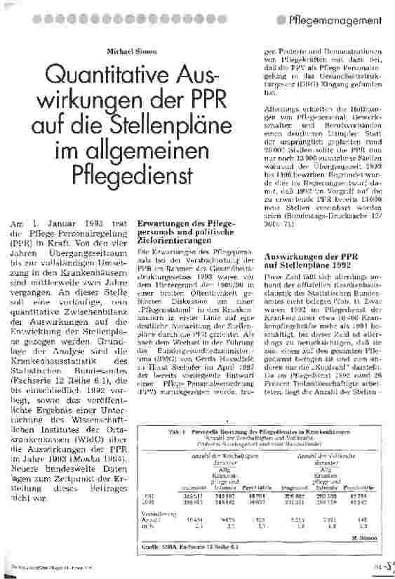 Vorschauseite 1: Quantitative Auswirkungen der PPR auf die Stellenpläne im allgemeinen Pflegedienst