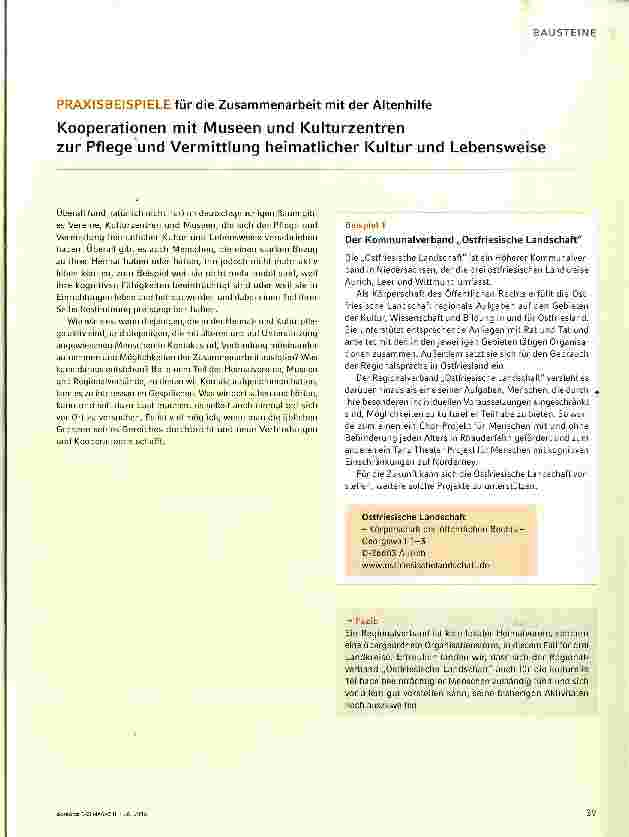 Vorschauseite 1: PRAXISBEISPIELE für die Zusammenarbeit mit der AltenhilfeKooperationen mit Museen und Kulturzentrenzur Pflege und Vermittlung heimatlicher Kultur und Lebensweise