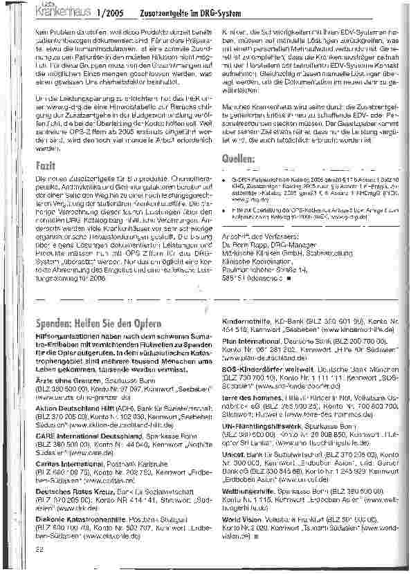 Vorschauseite 4: Zusatzentgelte im DRG-SystemAb 2005 wird den Krankenhäusern für Laborund Apothekenprodukte ein Meisterstück der Dokumentation abverlangt.