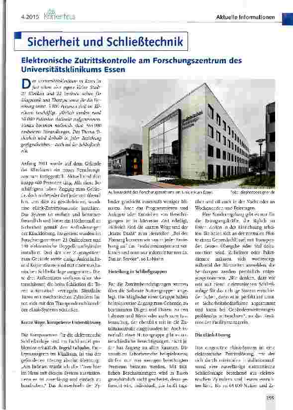 Vorschauseite 1: Elektronische Zutrittskontrolle am Forschungszentrum des Universitätsklinikums Essen