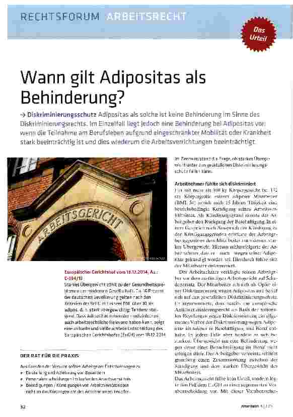 Vorschauseite 1: Wann gilt Adipositas als Behinderung?