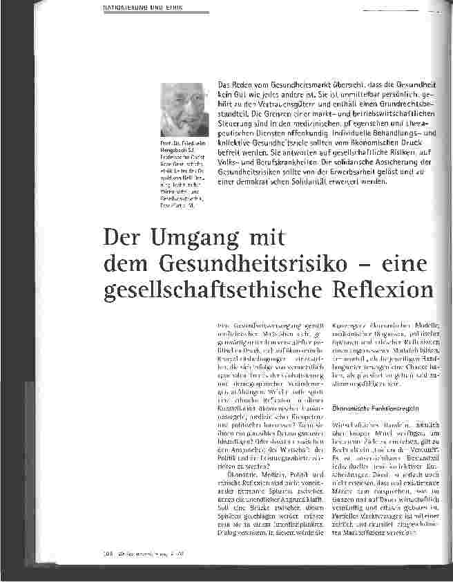 Vorschauseite 1: Der Umgang mit dem Gesundheitsrisiko - einegesellschaftsethische Reflexion