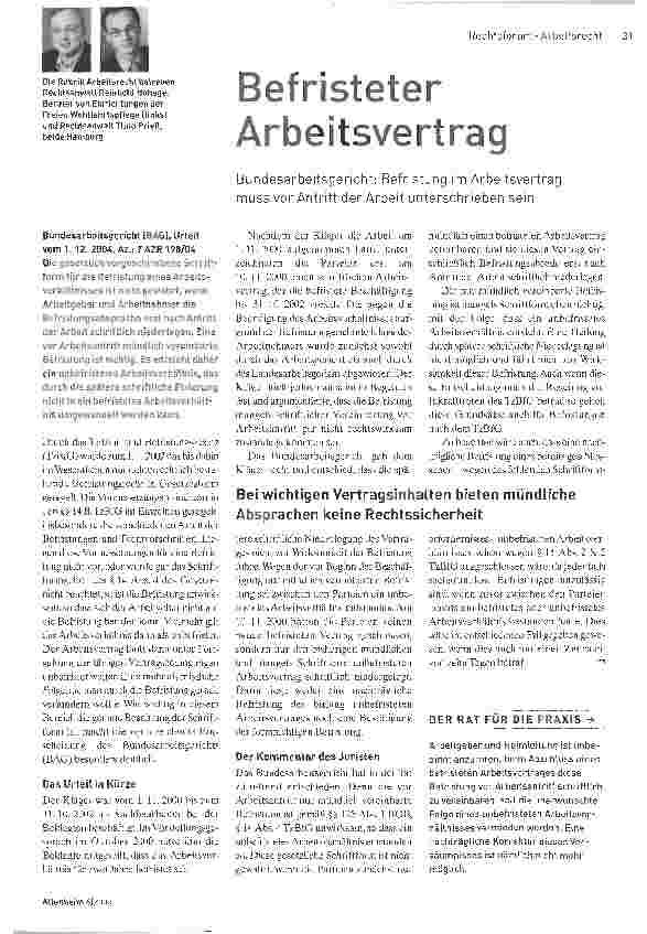 Vorschauseite 1: Befristeter Arbeitsvertrag. Bundesarbeitsgericht: Befristung im Arbeitsvertrag muss vor Antritt der Arbeit unterschrieben sein