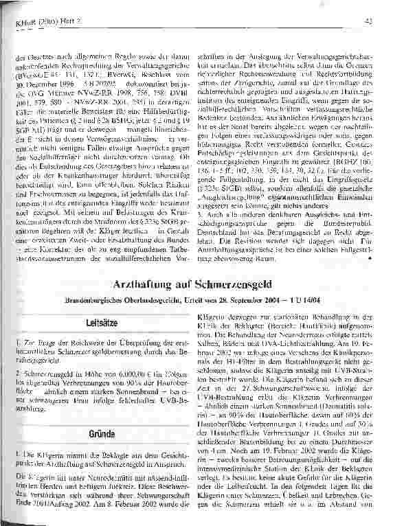 Vorschauseite 1: Arzthaftung auf SchmerzensgeldBrandenburgisches Oberlandesgericht, Urteil vom 28. September 2004 - 1 U 14/04
