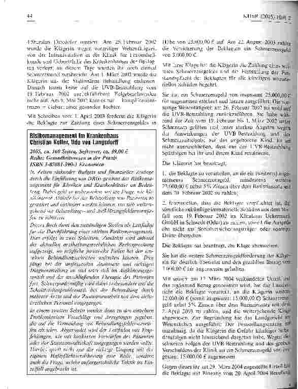Vorschauseite 2: Arzthaftung auf SchmerzensgeldBrandenburgisches Oberlandesgericht, Urteil vom 28. September 2004 - 1 U 14/04