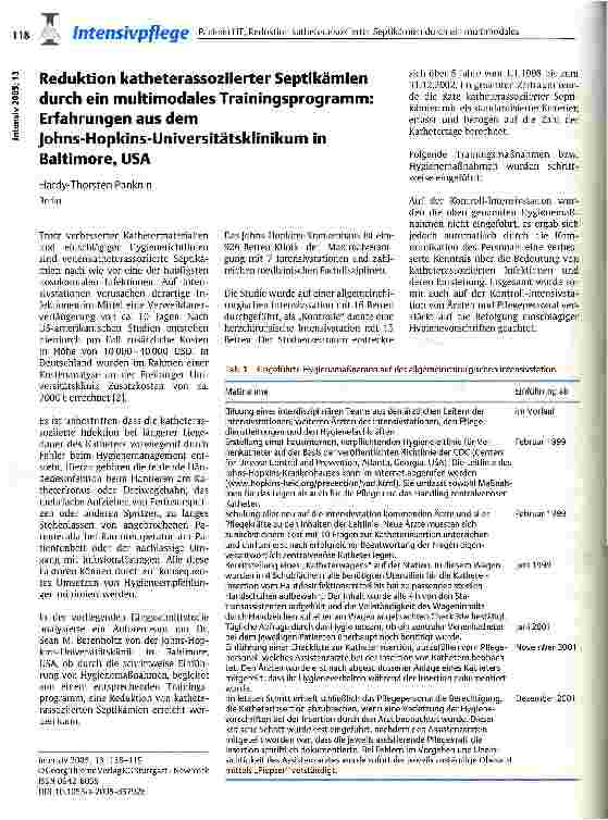 Vorschauseite 1: Reduktion katheterassoziierter Septikämien durch ein multimodales Trainingsprogramm: Erfahrungen aus dem Johns-Hopkins-Universitätsklinikum in Baltimore, USA