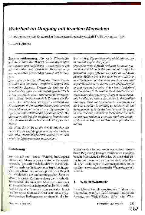 Vorschauseite 1: Wahrheit im Umgang mit kranken Menschen Drittes Internationales Osnabrücker Symposium Pflegewissenschaft 17. /18. November 1994
