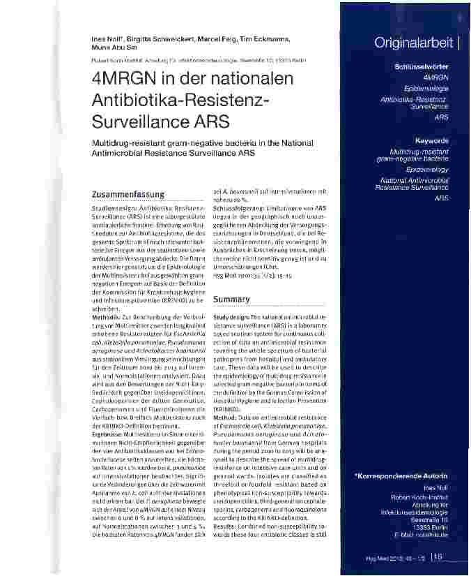 Vorschauseite 1: 4MRGN in der nationalen Antibiotika-Resistenz-Surveillance ARS