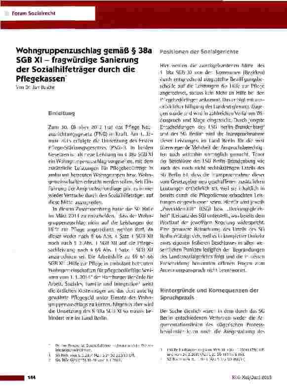 Vorschauseite 1: Wohngruppenzuschlag gemäß § 38a SGB XI - fragwürdige Sanierung der Sozialhilfeträger durch die Pflegekassen