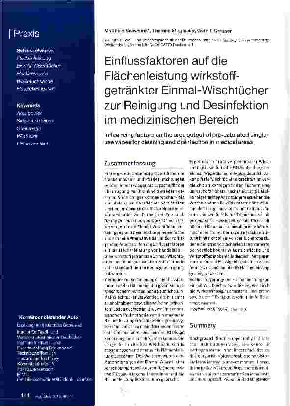 Vorschauseite 1: Einflussfaktoren auf die Flächenleistung wirkstoffgetränkter Einmal-Wischtücher zur Reinigung und Desinfektion im medizinischen Bereich