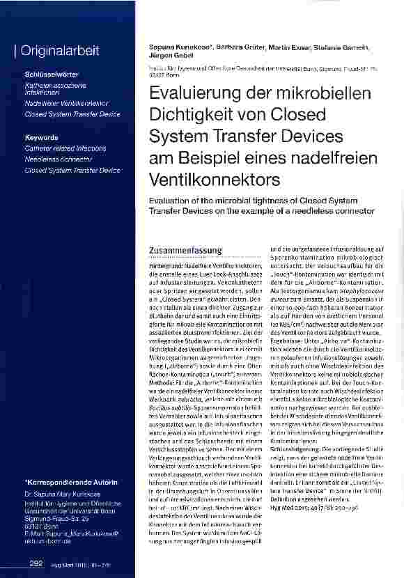 Vorschauseite 1: Evaluierung der mikrobiellen Dichtigkeit von Closed System Transfer Devices am Beispiel eines nadelfreien Ventilkonnektors