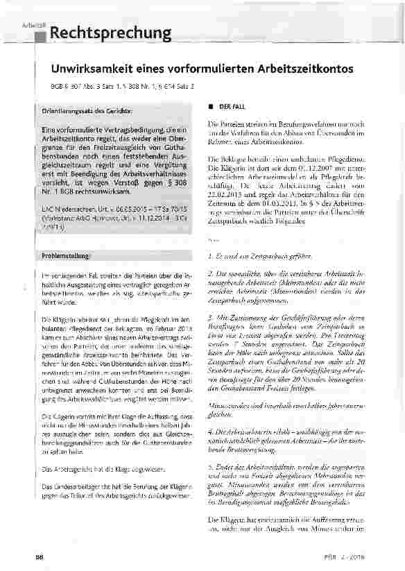 Vorschauseite 1: Unwirksamkeit eines vorformulierten Arbeitszeitkontos BGB § 307 Abs. 3 Satz 1, § 308 Nr. 1, § 614 Satz 2
