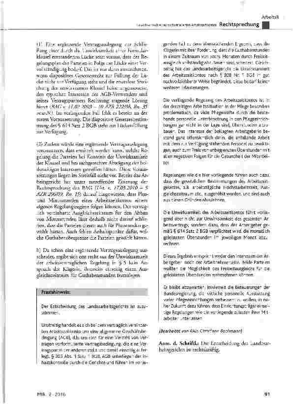 Vorschauseite 4: Unwirksamkeit eines vorformulierten Arbeitszeitkontos BGB § 307 Abs. 3 Satz 1, § 308 Nr. 1, § 614 Satz 2