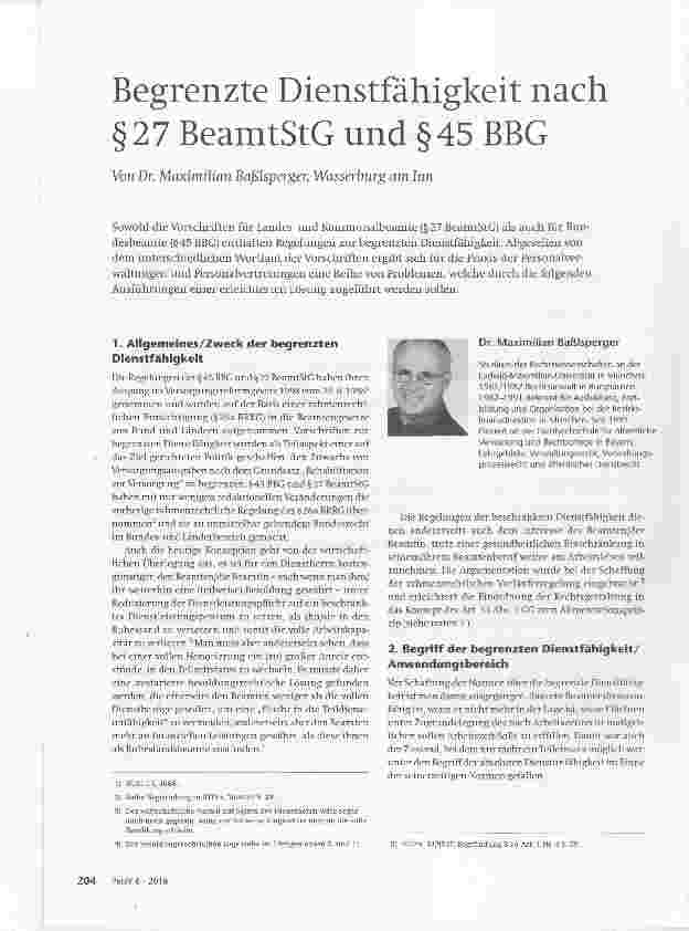 Vorschauseite 1: Begrenzte Dienstfähigkeit nach §27 BeamtStG und §45 BBG