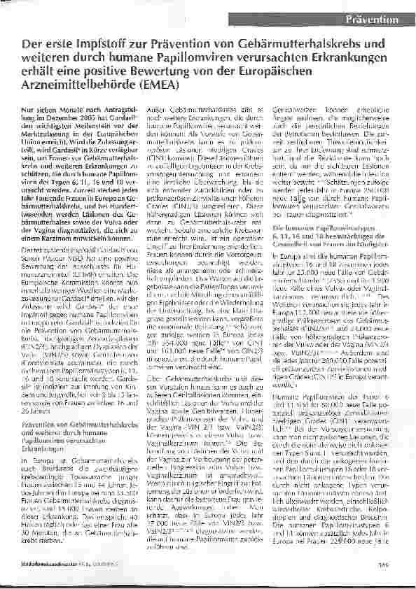 Vorschauseite 1: Der erste Impfstoff zur Prävention von Gebärmutterhalskrebs und weiteren durch humane Papillomviren verursachten Erkrankungen erhält eine positive Bewertung von der Europäischen A…