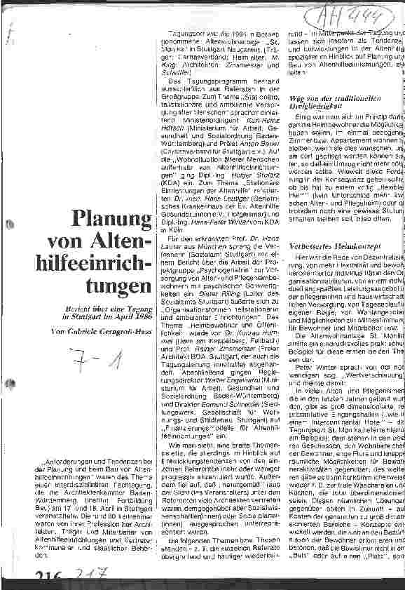 Vorschauseite 1: Planung von Altenhilfeeinrichtungen Bericht über eine Tagung in Stuttgart im April 1986