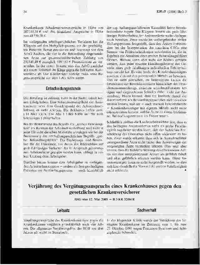 Vorschauseite 1: Verjährung des Vergütungsanspruchs eines Krankenhauses gegen den gesetzlichen Krankenversicherer