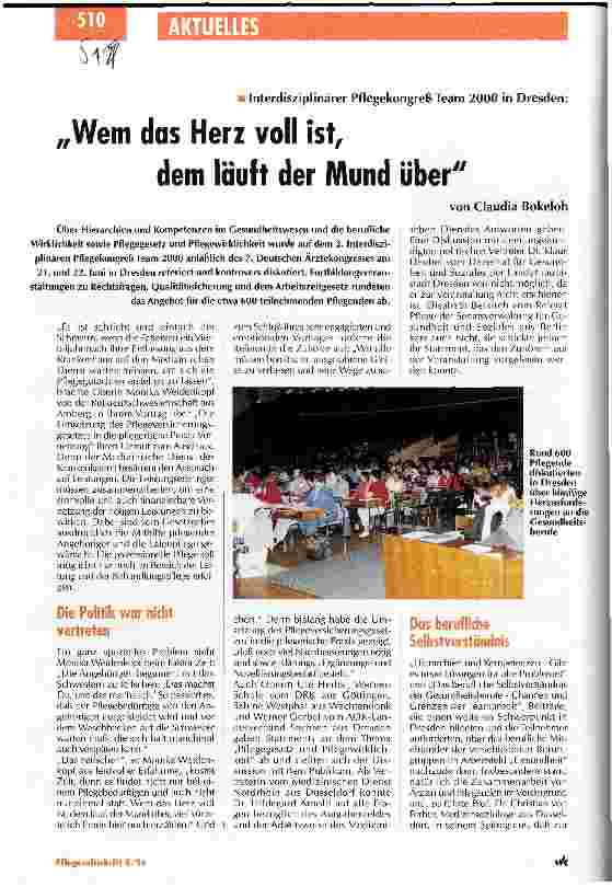 Vorschauseite 1: Wem das Herz voll ist, dem läuft der Mund über Interdisziplinärer Pflegekongreß Team 2000 in Dresden