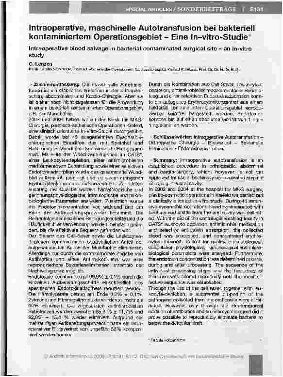 Vorschauseite 1: Intraoperative, maschinelle Autotransfusion bei bakteriell kontaminiertem Operationsgebiet - Eine In-vitro-Studie