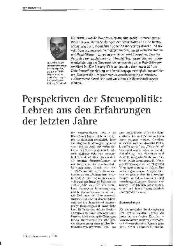 Vorschauseite 1: Perspektiven der Steuerpolitik: Lehren aus den Erfahrungen der letzten Jahre