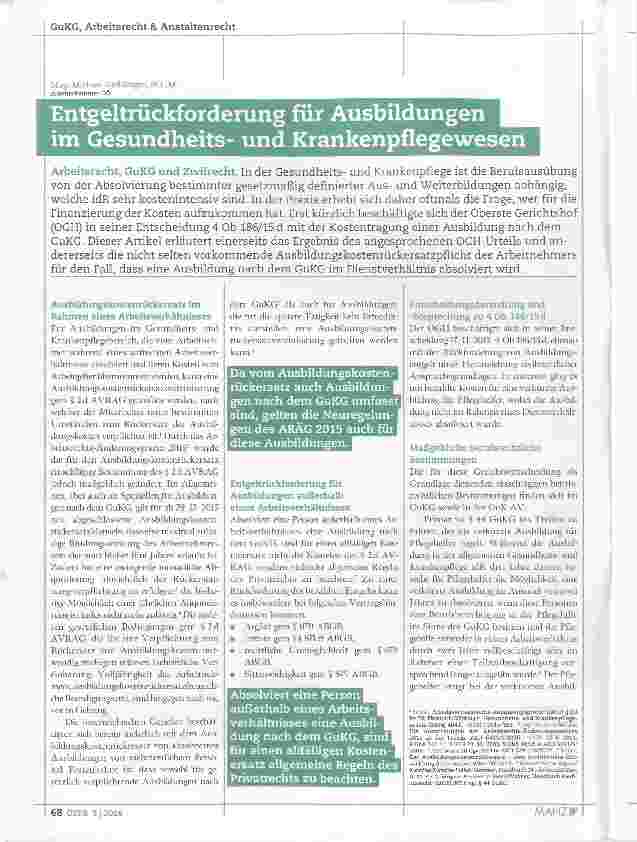 Vorschauseite 1: Entgeltrückforderung für Ausbildungen im Gesundheitsund Krankenpflegewesen
