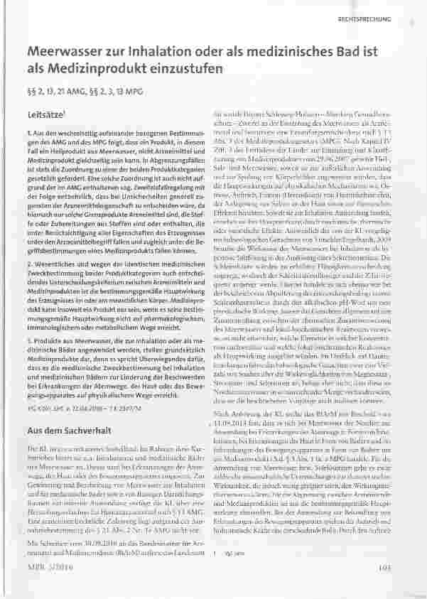 Vorschauseite 1: Meerwasser zur Inhalation oder als medizinisches Bad ist als Medizinprodukt einzustufen §§ 2, 13, 21 AMG, §§ 2, 3, 13 MPG
