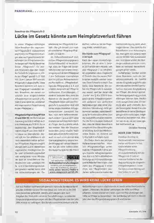 Vorschauseite 1: Lücke im Gesetz könnte zum Heimplatzverlust führen