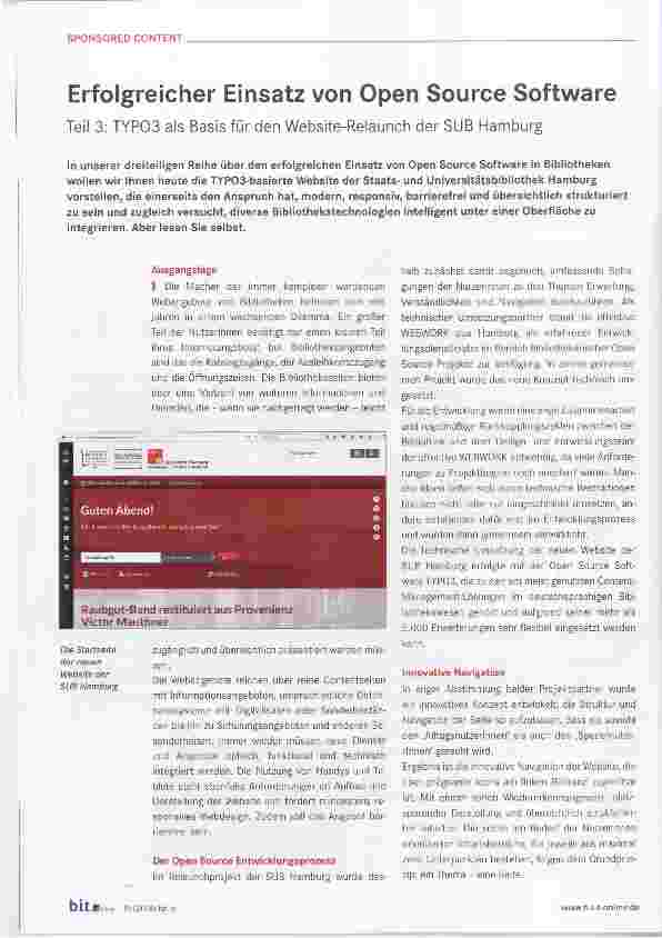 Vorschauseite 1: Erfolgreicher Einsatz von Open Source Software Teil 3: TYP03 als Basis für den Website-Relaunch der SUB Hamburg